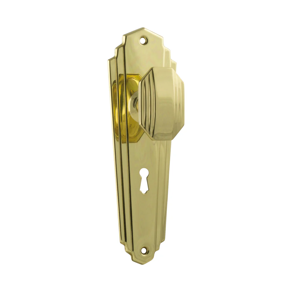 Tradco Elwood Art Deco Door Knob on Backplate Polished Brass - Image 5