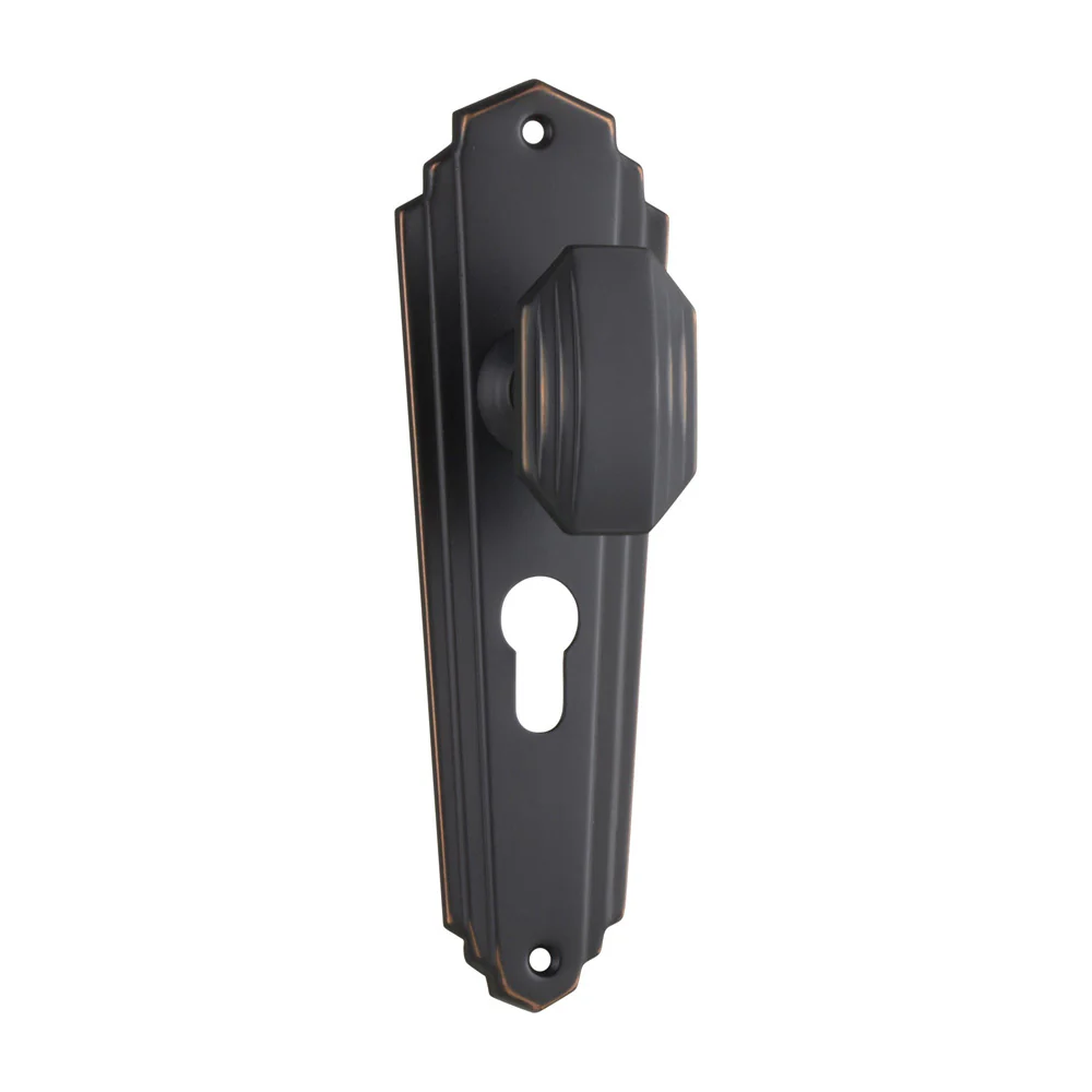Tradco Elwood Art Deco Door Knob on Long Backplate Antique Copper - Available in Various Functions - Image 2