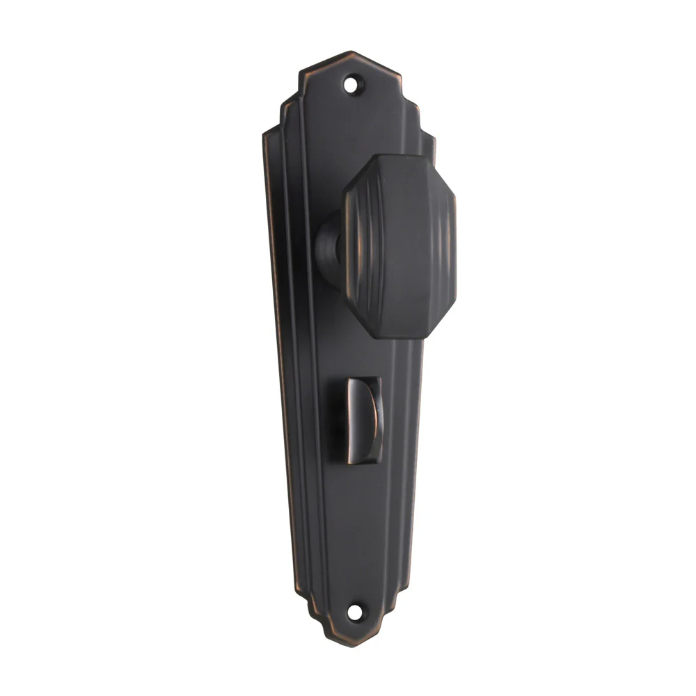 Tradco Elwood Art Deco Door Knob on Long Backplate Antique Copper - Available in Various Functions - Image 3
