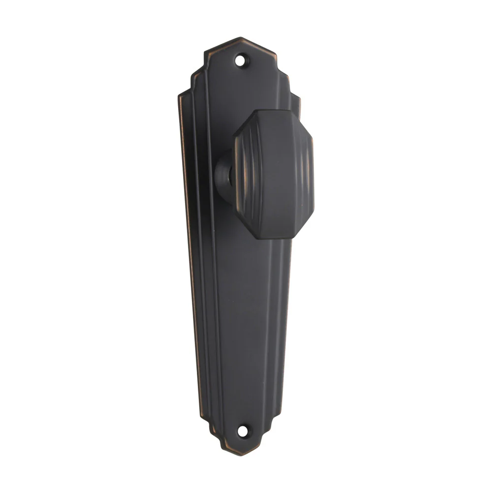 Tradco Elwood Art Deco Door Knob on Long Backplate Antique Copper - Available in Various Functions - Image 4