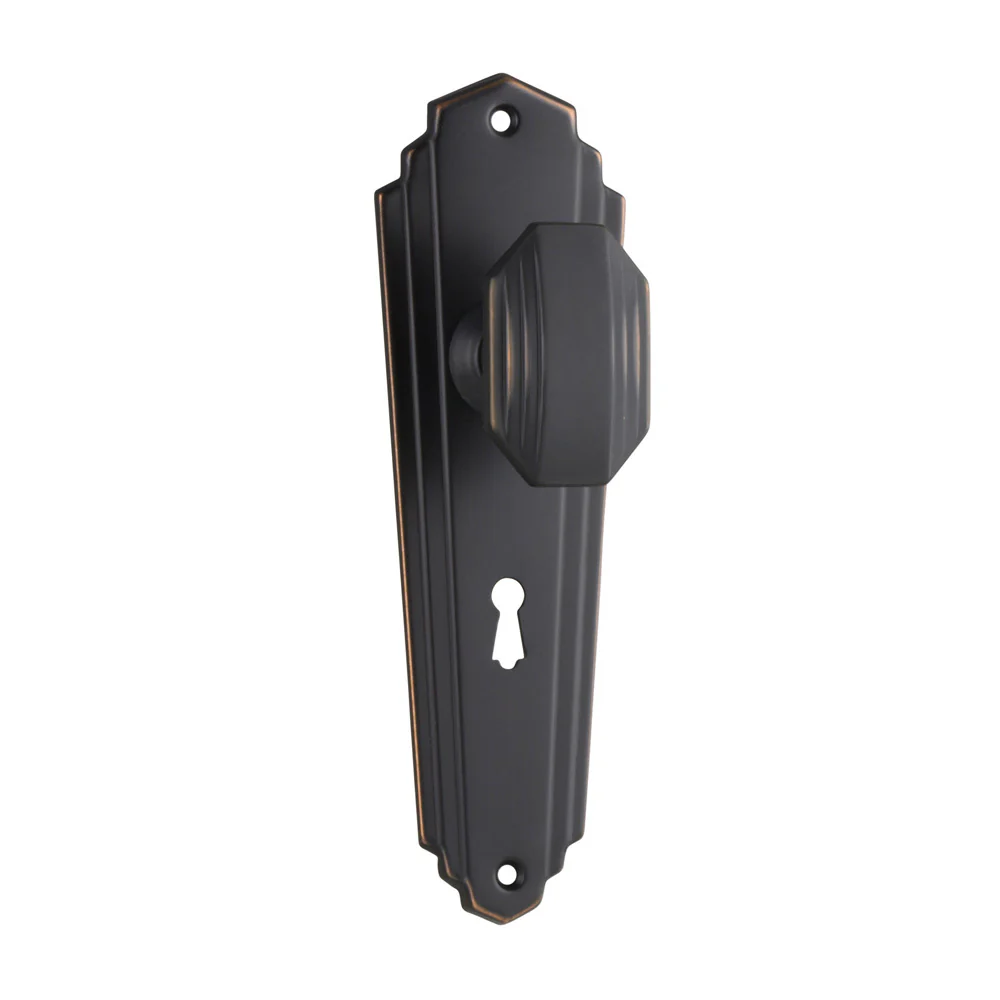 Tradco Elwood Art Deco Door Knob on Long Backplate Antique Copper - Available in Various Functions - Image 5