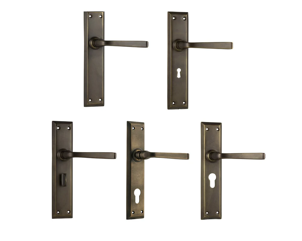 Tradco Menton Lever Door Handle on Long Backplate Antique Brass