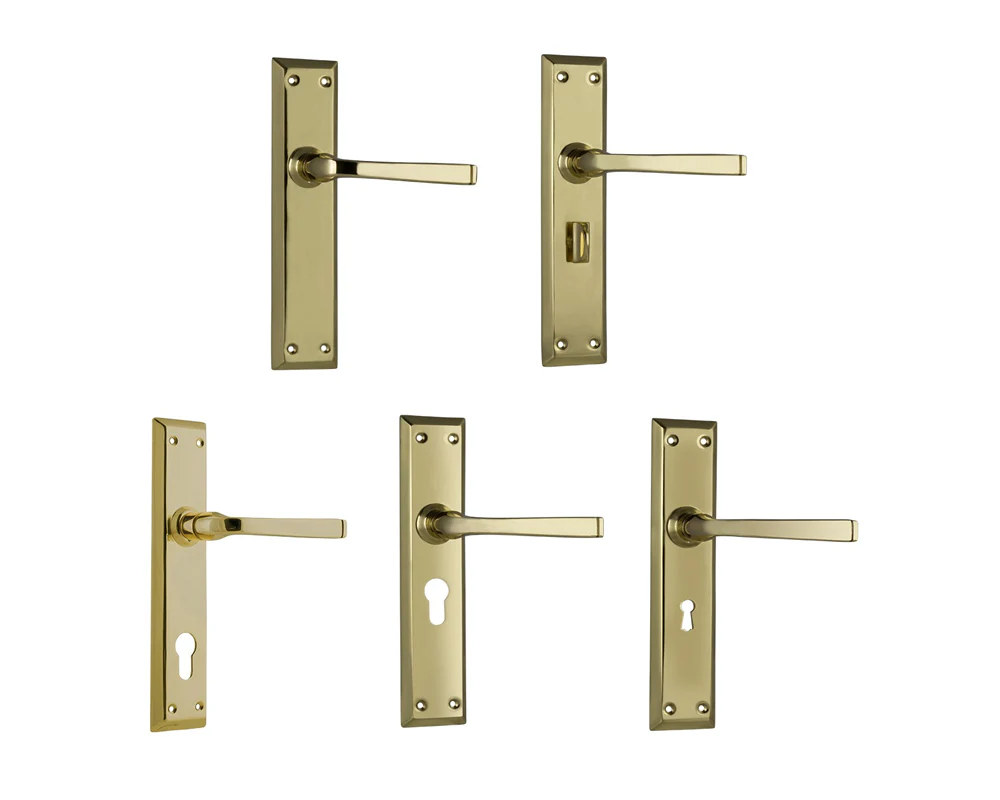 Tradco Menton Lever Door Handle on Long Backplate Polished Brass