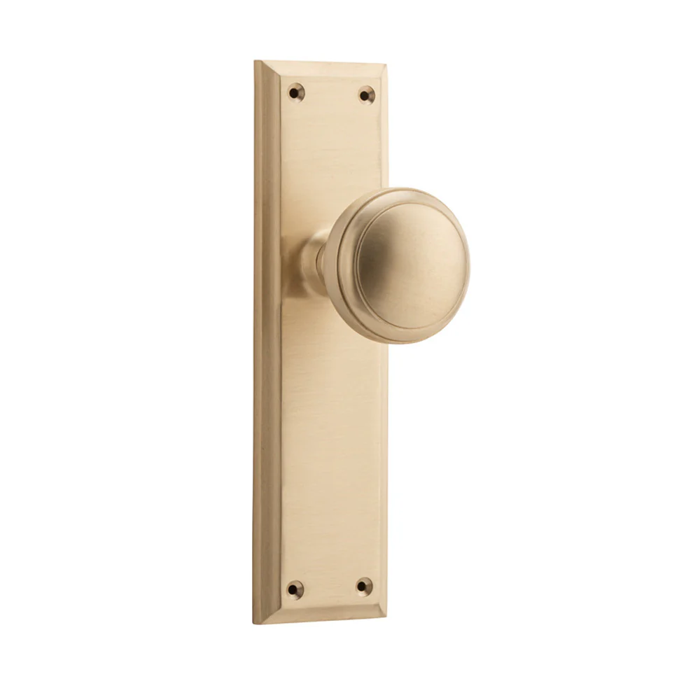 Tradco Milton Door Knob Handle on Long Backplate Unlacquered Satin Brass - Image 2