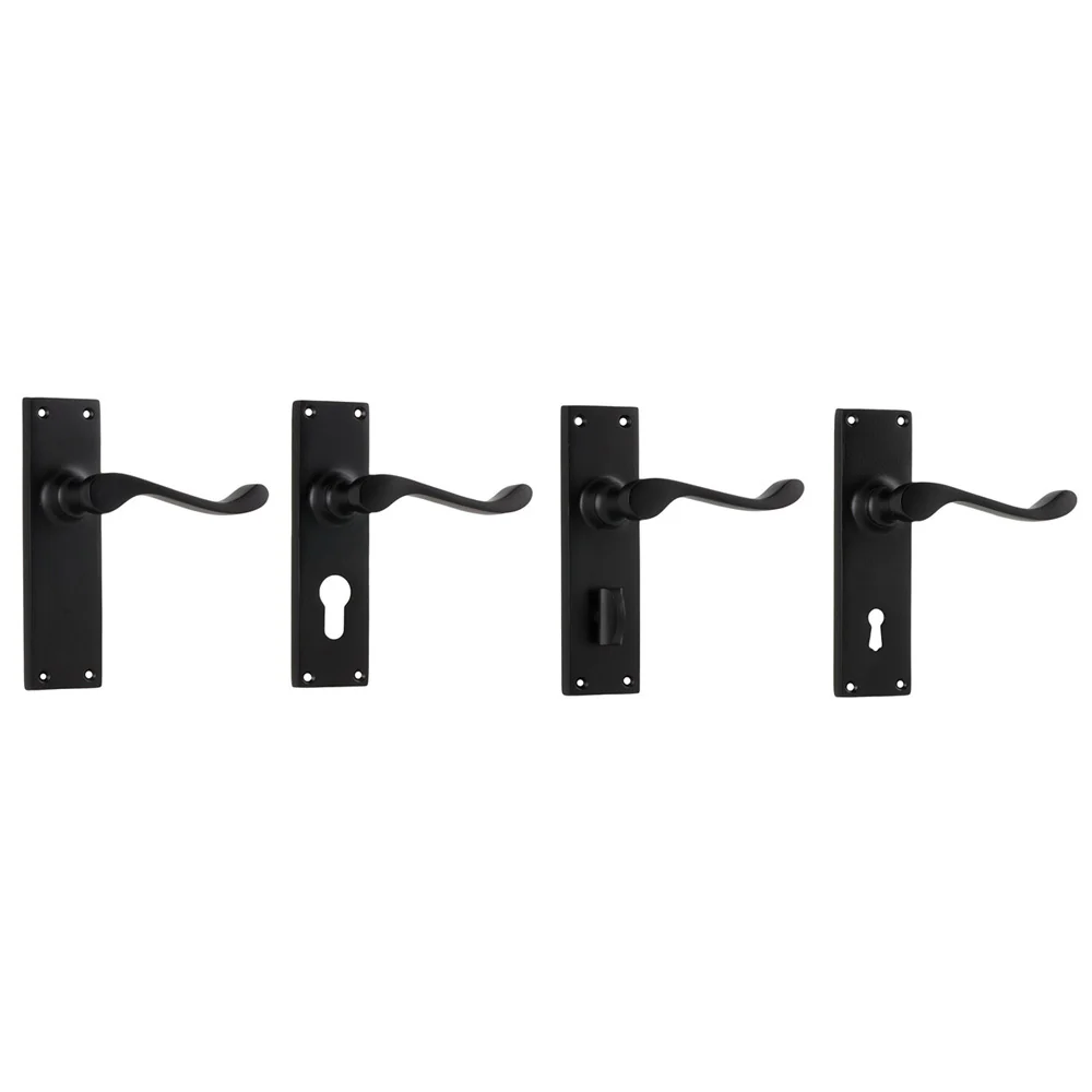 Tradco Victorian Lever Door Handle on Long Backplate Matt Black - Available in Various Functions