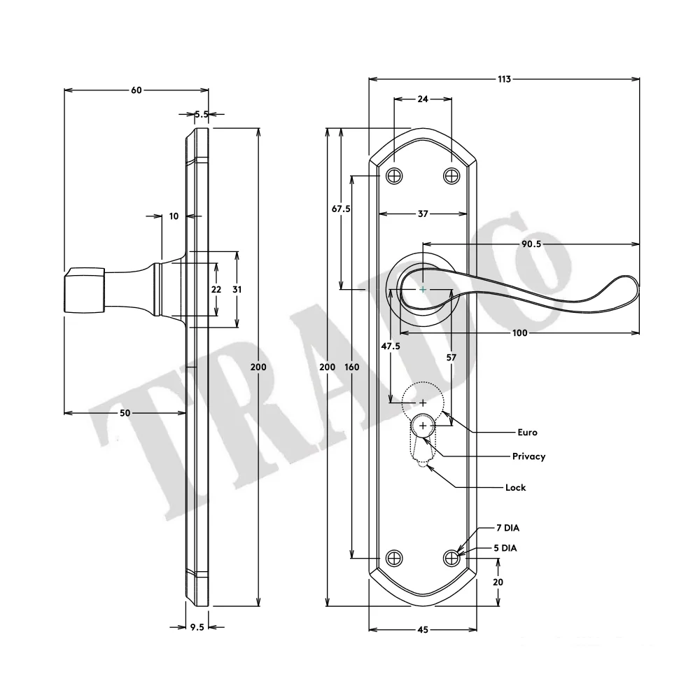 Tradco Windsor Lever Door Handle on Shouldered Backplate Polished Brass - Image 2